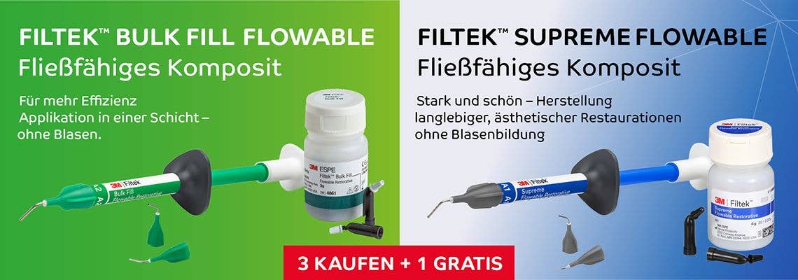 3M fließfähige Komposite Filtek Bulk Fill Filtek Supreme in der attraktiven 3+1 Promo-Aktion